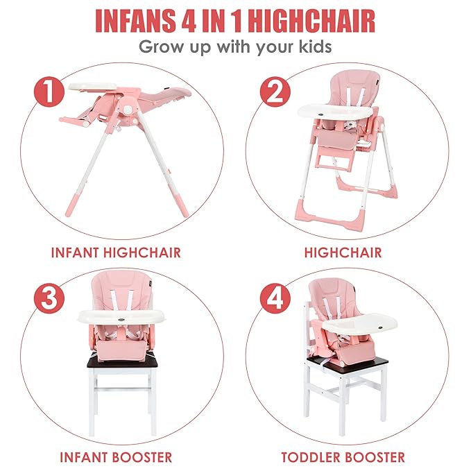 INFANS 4 in 1 High Chair–Booster Seat, Convertible Highchair w/Adjustable Height and Recline,Removable Tray,DetachableCushion, Installation-Free,Simple Fold for Baby, Infant& Toddler (Pink)-BubblyBeeBaby
