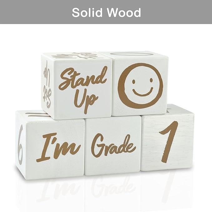 I'm Solid Wood Weekly Monthly Yearly Baby Milestone Age Blocks, Gender Neutral, Newborn Gifts & Keepsakes for Picture Props (5 Pcs/White)-BubblyBeeBaby