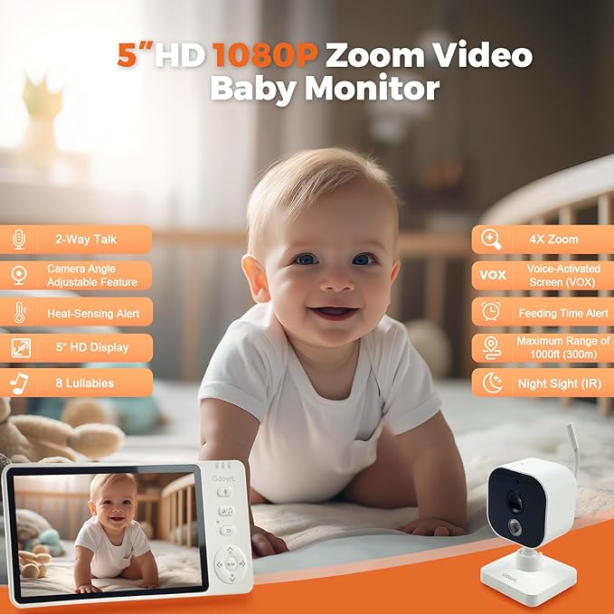 Wireless Baby Car Camera Monitor 5" HD 1080P IPS, 360° Rotating Camera with Auto/Manual Night Vision, 1000ft Range, Anti-Glare Display & USB Charging for Backseat, Home, Travel，Camping-BubblyBeeBaby