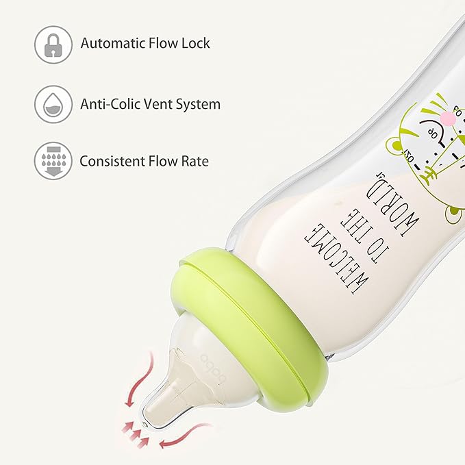 YOHKOH Natural Glass Baby Bottle with Natural Response Nipple, Newborn Anti-Colic Baby Bottles, Wide Neck Mushroom Cap Baby Bottle, Clear (8.8ounce (Pack of 2), Green1)-BubblyBeeBaby