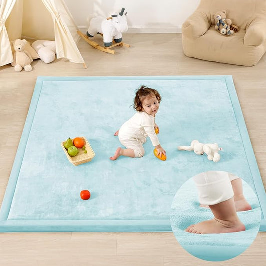 1.3" Thick Baby Play Mat for Floor Playpen, 50x50 Foam Tummy Time Mat, Padded Support Soft Plush Nursery Rug for Infant Kids Toddler Crawling Kick Activity (Ice Blue)-BubblyBeeBaby
