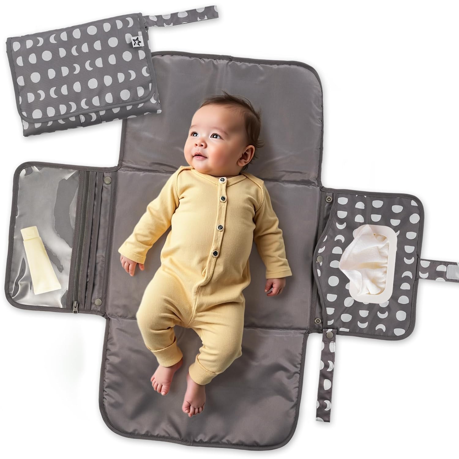 Tiny Twinkle Portable Diaper Changing Pad-Foldable Waterproof Changing Mat&Portable Changing Pad for Travel,Baby Changing Station with Smart Wipes Pocket&Storage (Luna)
