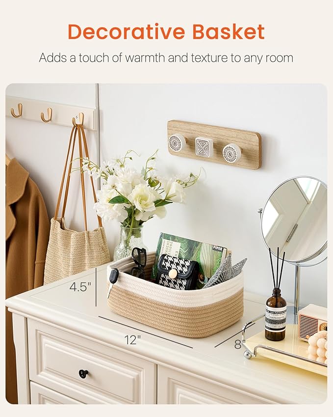 KALLAX Small Woven Basket, 12 x 8 x 4.5 Inches, Storage Basket for Organizing, Cute Small Rope Shelf Closet Cube Storage Bins Baskets for Shelves, Dog Toy Gift Baskets Empty, 3 Pack White & Brown-BubblyBeeBaby