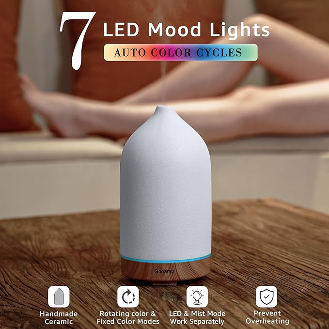 200ML Ceramic Essential Oil Diffuser - Ultrasonic Aromatherapy & Humidifier with 7-Color LED Lights, Auto Shut-Off, Wood Grain Base, 1H/3H/6H Timer | Scent for Home, Office, Yoga-BubblyBeeBaby