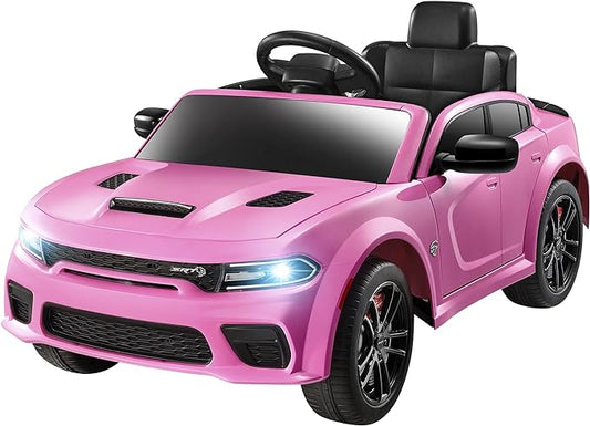 12V 7Ah Kids Electric Ride on Car, Licensed Dodge Charger SRT Hellcat, Battery Powered 4-Wheels Toy Car Electric Vehicle for Kids with Remote Control, 3 Speeds, LED Lights, Music (Pink)-BubblyBeeBaby
