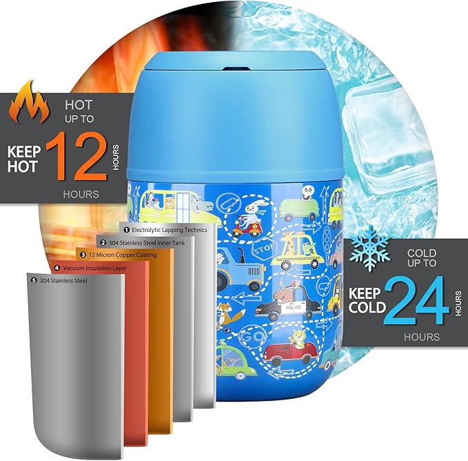 17 oz Insulated Lunch Containers Hot Food Jar, Wide Mouth Lunch Thermo for Kids Adults, Vacuum Stainless Steel Lunch Box With Handle Folding Spoon for School, Office Blue - Car-BubblyBeeBaby