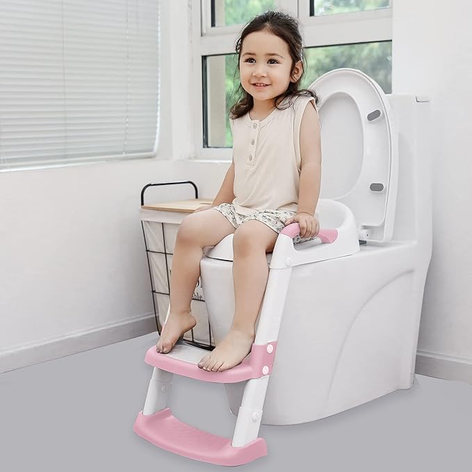 JASSONE® Potty Training Seat, Toddler Step Stool, 2 in 1 Potty Training Toilet for Kids, Baby Seat with Splash Guard and Anti-Slip Pad for Boys Girls Potty Training, BabyPink-BubblyBeeBaby