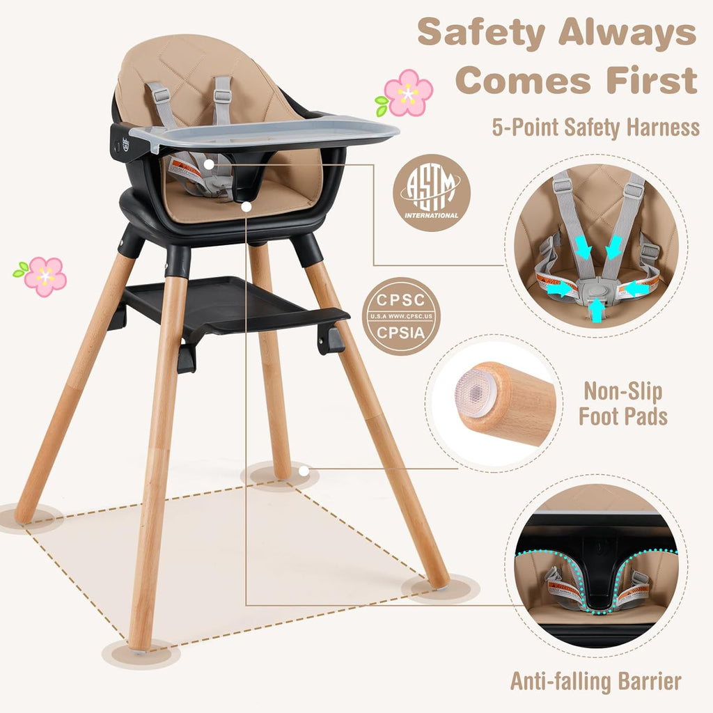BABY JOY Baby High Chair, 6 in 1 Convertible Wooden High Chair for Babies & Toddlers with Adjustable Legs, Double Removable Tray, Safety Harness & Waterproof PU Cushion (Coffee)