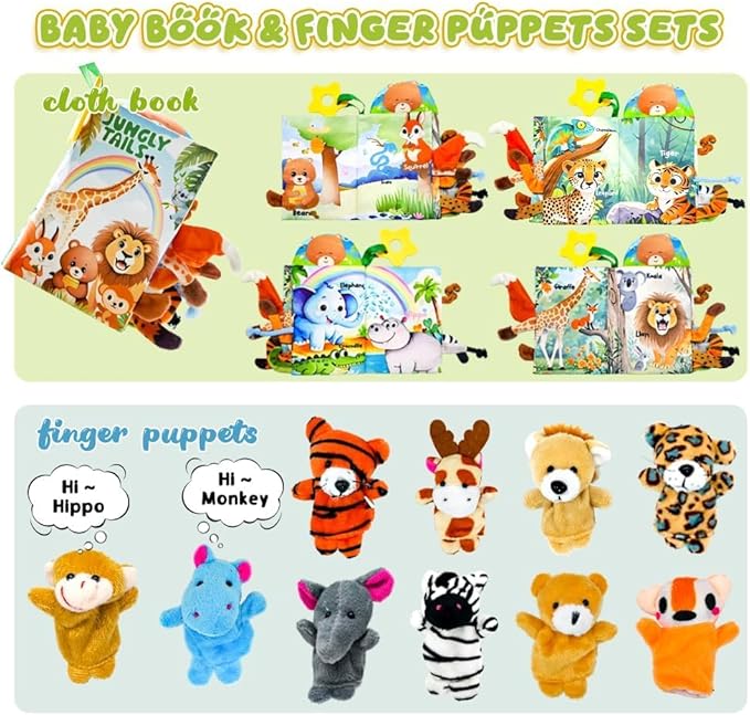 Baby Toys 0-6 Month, Crinkle Books for Babies, Jungle Tails Soft Baby Cloth Books 6 to 12 Months with 10 Pcs Jungle Animal Finger Puppets, Infant Tummy Time Sensory Toys, Newborn Gifts for Boys Girls-BubblyBeeBaby