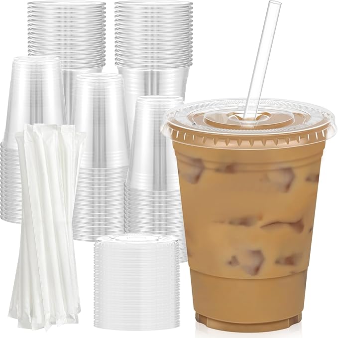 100 Pack - 16 oz Clear Plastic Cups with Lids and Straws, Sturdy & Food Safe Iced Coffee Cups with lids, Disposable Plastic Smoothie Cups for Cold Drinks-BubblyBeeBaby