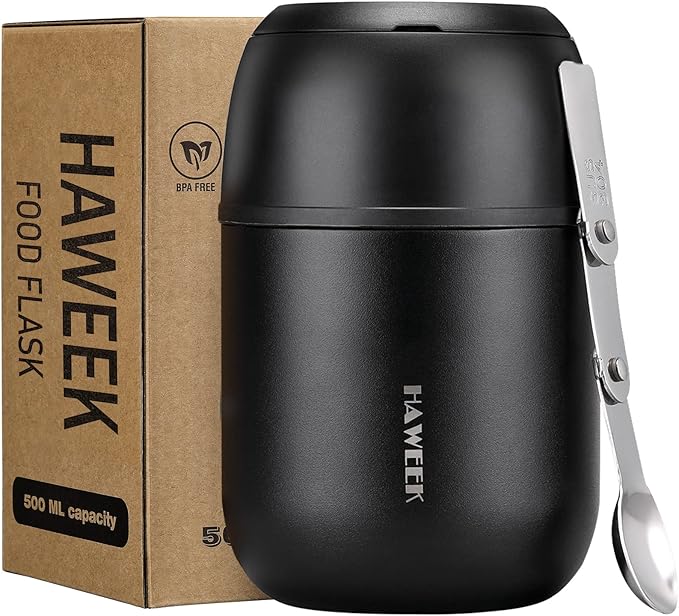 Insulated Food Container 17 oz Soup Thermo for Hot Food Kids Adults, Stainless Steel Vacuum Lunch Box with Folding Spoon, Adult Kids Thermo Portable with Handle for School, Office, Outdoor-BubblyBeeBaby