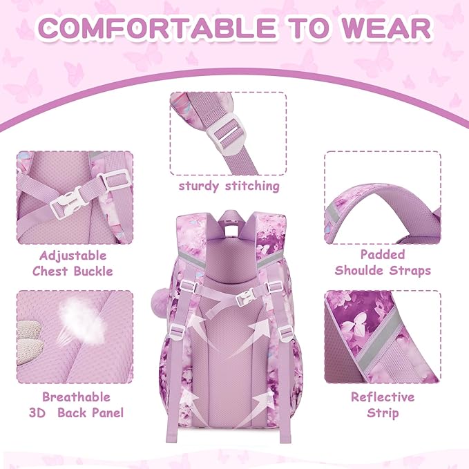 Kids Backpack for Girls School Bags for Middle School Students Book Bag for Elementary Primary Kawaii Ita Backpack, Purple Butterfly-BubblyBeeBaby