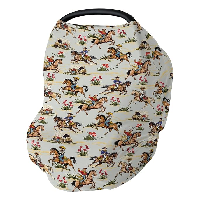 Vintage Cowboy Floral Car Seat Cover for Baby Western Cowboy Horse Stretchy 5-in-1 Covers Adjustable Car Canopy Cover Wild West Desert Breathable Nursing Cover-Up-BubblyBeeBaby