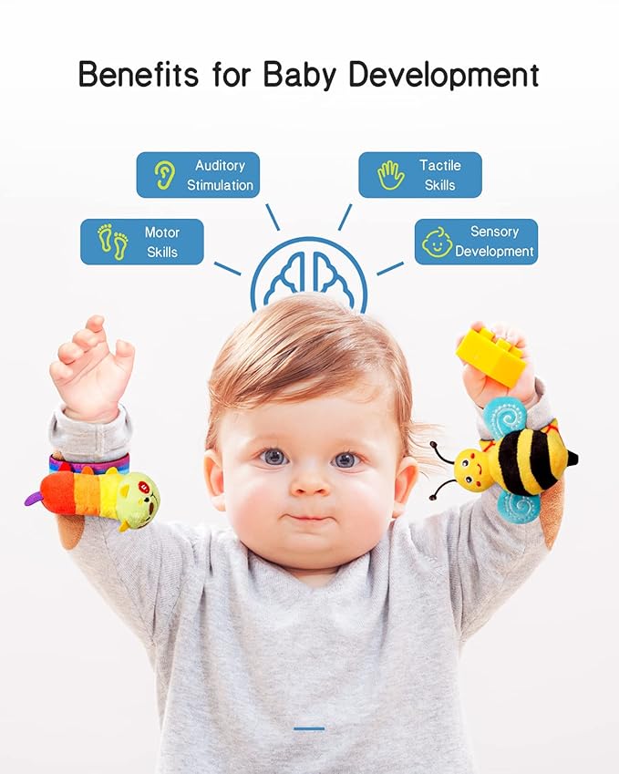 Infinno Baby Wrist Rattle Socks and Foot Finder Set, Perfect Baby Toys for 0-12 Months Newborn Boys and Girls As Shower Gifts, Garden Bug Series-BubblyBeeBaby