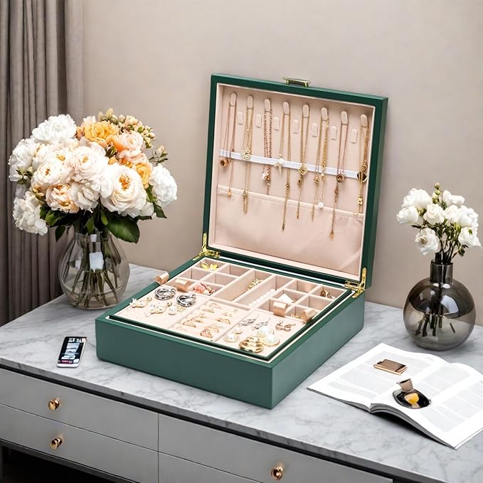 2-layer jewelry box，Jewelry Organizer with Handle，with hanging necklace hooks, detachable jewelry trays, suitable for storing a large amount of jewelry gift box (Large-Green)-BubblyBeeBaby