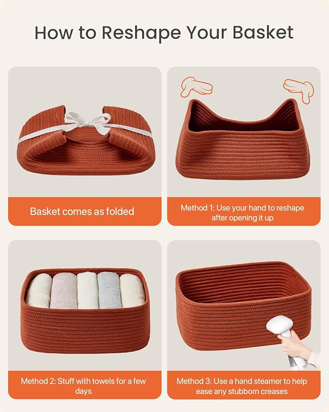 KALLAX Small Woven Basket, 13.5 x 9.5 x 5 Inches, Storage Basket for Organizing, Cute Small Rope Shelf Closet Cube Storage Bins Baskets for Shelves, Dog Toy Gift Baskets Empty, 3 Pack Rust Red-BubblyBeeBaby