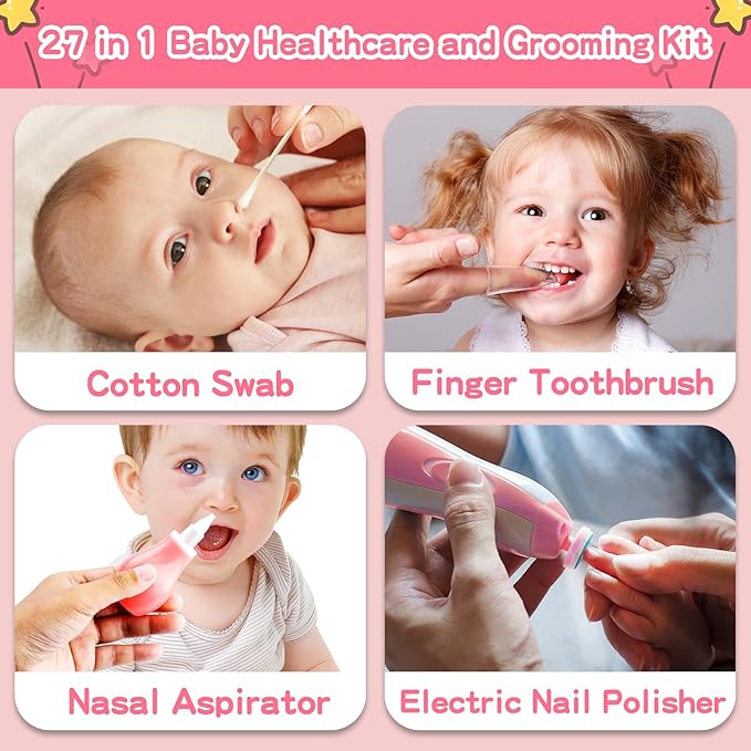 Infant Grooming Essentials: Electric Safety Nail Trimmer, Nasal Aspirator, Hair Brush, Comb, Nail Clipper (27 Piece Safety Care Set for Newborns - Pink)-BubblyBeeBaby
