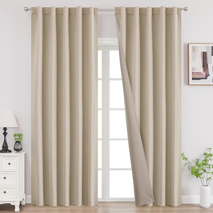 Joydeco 108 Inch Blackout Curtains for Bedroom, Thermal Insulated Black Out Curtains 2 Panels Set, Room Darkening Drapes for Living Room Window Rod Pocket Back Tab (W37 x L108 Inch, Light Beige)-BubblyBeeBaby