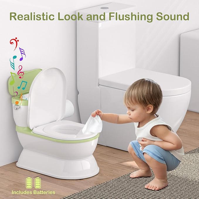 2-in-1 Toddler Potty Training Toilet - Larger Potty Chair & Detachable Training Seat for Boys & Girls Ages 1-3 with Flushing Sound, Wipes Storage, Toilet Paper Holder - Green-BubblyBeeBaby