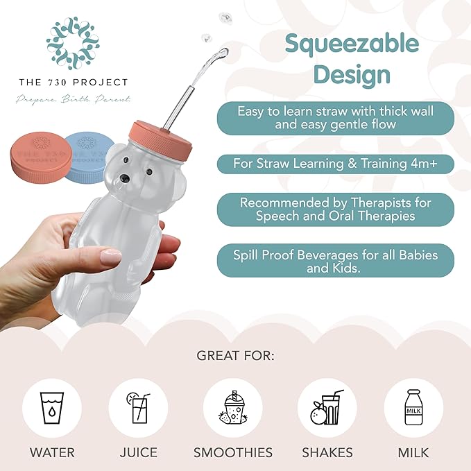 Honey Bear Straw Cup for Babies, 2-Pack Honey Bear Bottle with Travel Lid, Therapy Learning Honeybear Straw Cup, Baby Bottle Set, 8 oz, Blueberry Pie & Firetruck-BubblyBeeBaby