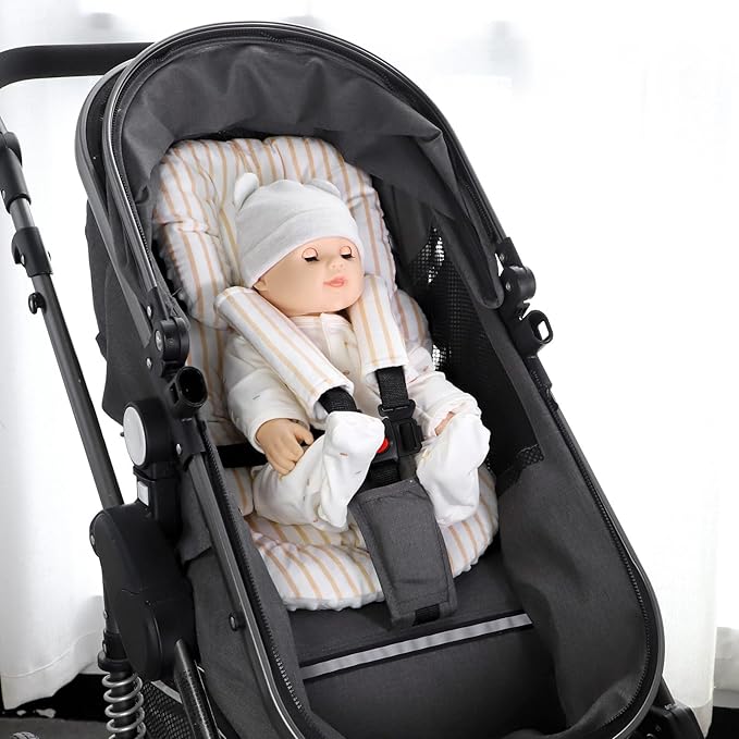 Infant Car Seat Insert, Car Seat Head Support Baby Girls Boys, Soft & Reversible Newborn Carseat Insert Cushion with 2 Strap Covers, for Stroller, Swing, Bouncer (Brown Line)-BubblyBeeBaby
