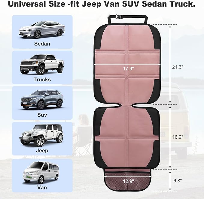 Car Seat Protector for Child, 2 Pack Baby Covers with Mesh Pockets & Non-Slip Backing 600D Durable Under Seat for Back (Rose Gold, Standard)-BubblyBeeBaby