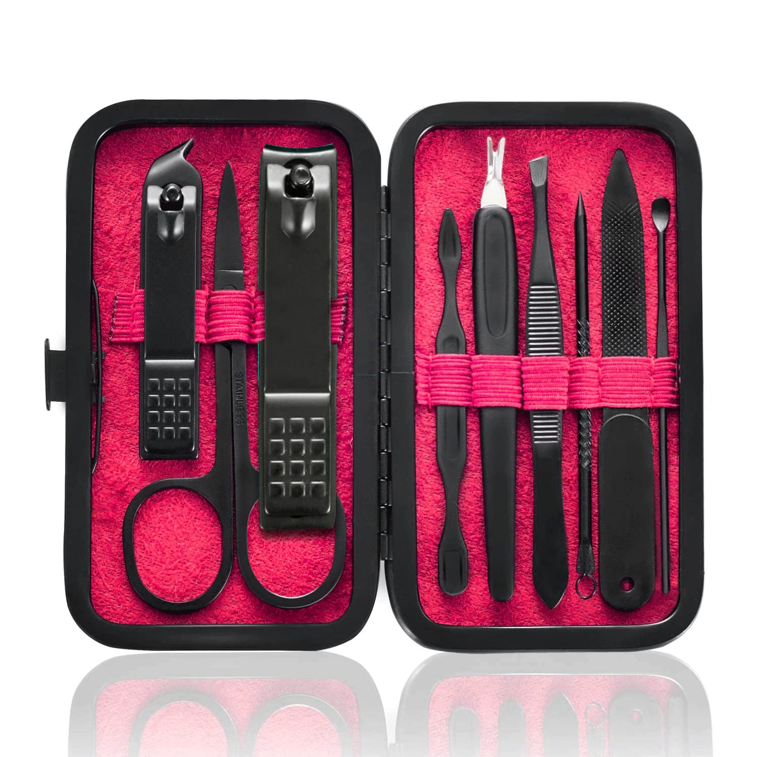 Manicure Set 9 in 1 Stainless Steel, Nail Clippers Scissors Pedicure Tools Kit - Portable Travel Grooming Kit for Men and Women with Leather Case (Red-BIG Nail Clipper)