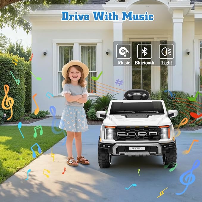 12V Ride on Car Licensed Ford F-150 Raptor, Kids Electric Car with Remote Control, LED Light/Music/MP3, Truck Bed Storage, 3-Point Seat Belt (12V, White)-BubblyBeeBaby