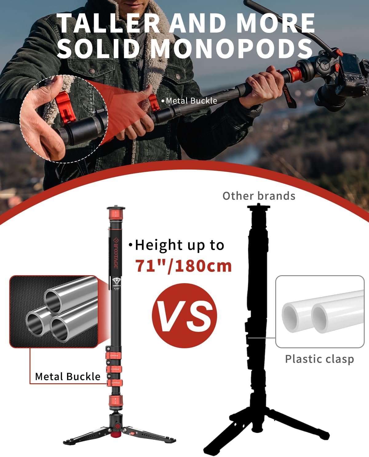 IFOOTAGE Monopod for Camera 71" Cobra 3 A180F,Quick Adjust Monopod with Feet, Walking Stick,CB3 Base Tripod,for Camera Photography,Travel,Payload up to 17.64 lbs/8 KG