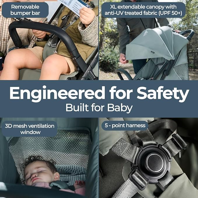 Inglesina Quid³ Stroller, Planet Green - Compact Reclining Travel Stroller for Baby & Toddler 0-55 lbs, One Hand fold, Car seat Compatible, Airplane Overhead, Lightweight, Foldable, XL UPF 50+ Canopy-BubblyBeeBaby