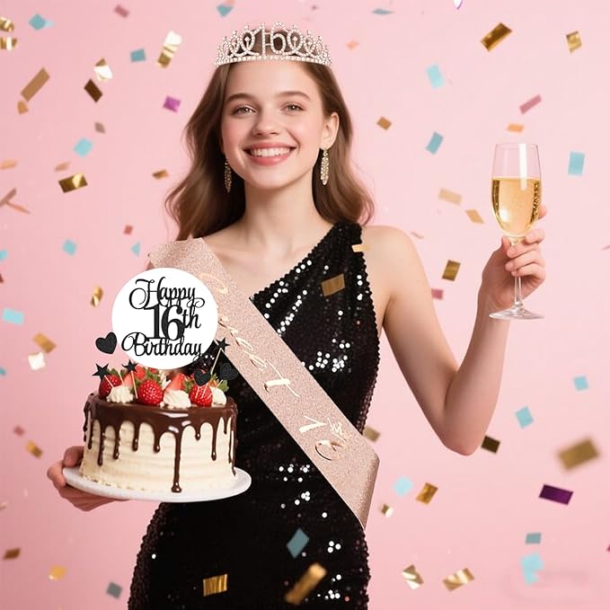 16th Birthday Decorations for Girls - 56pcs Rose Gold Happy 16th Banner, 16th Birthday Crown Sash, Cake Topper, Number 16 balloons, 3D Butterflies, 4 Balloon Stands kits-BubblyBeeBaby