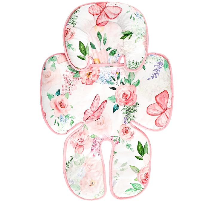 2 in 1 Infant Car Seat Insert, Adjustable Car Seat Head Support Baby Girls Boys, Soft Newborn Carseat Insert Cushion, Perfect for Carseats, Strollers, Swings (Pink Flower)-BubblyBeeBaby