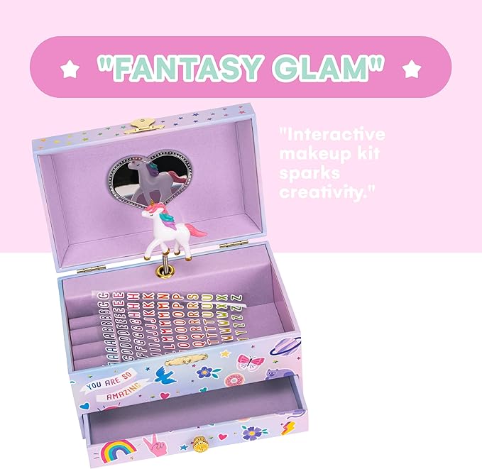 Jewelkeeper Musical Jewelry Box with Alphabet Sticker - Personalize with Names - with 1 Pullout Drawer and Spinning Unicorn Doll - Beautiful Dreamer Tune - Ideal for Kids 5 and Up - 5.37"Lx7.25"Wx4"H-BubblyBeeBaby