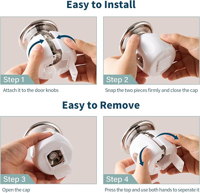 Inaya Door Knob Safety Cover for Kids (4 Pack) – Child Proof Door Knob Covers for Baby Proofing – Door Locks for Kids Safety, Fits Most Round Handles, Easy to Install, White-BubblyBeeBaby
