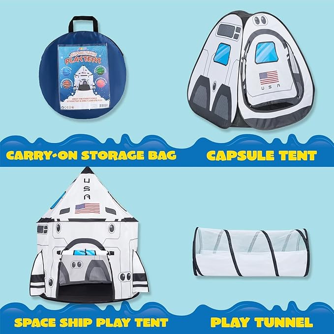 JOYIN White Rocket Ship Pop up Play Tent with Tunnel and Playhouse Kids Indoor Outdoor Spaceship Tent Set-BubblyBeeBaby