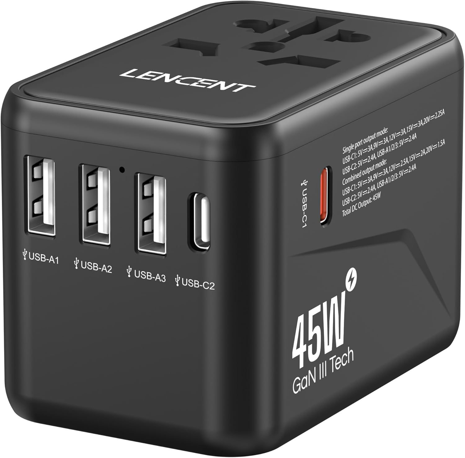 LENCENT Universal Travel Adapter, GaN III 45W International Charger with 3 USB Ports & 2 USB-C PD Fast Charging Adaptor, Worldwide Wall Charger for iPhone,Laptops, USA/UK/EU/AUS (Black-45W)