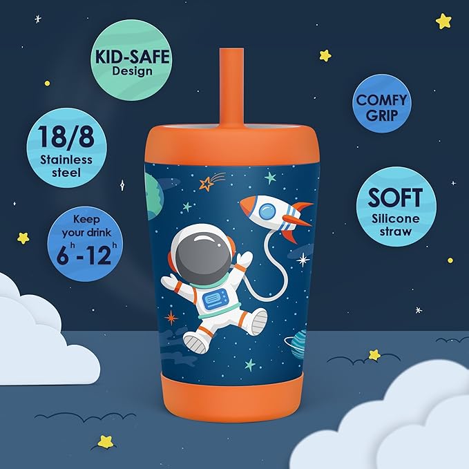 Kid Insulated Stainless Steel Tumbler with Silicone Straw, 12oz Sippy Cup for Kids (Astronaut)-BubblyBeeBaby