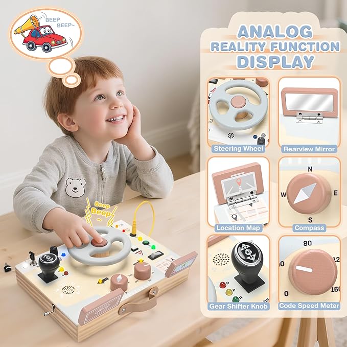 Joyreal Montessori Toddler Busy Board - Montessori Toys for 1 2 3 Years Old, Wooden Sensory Board with LED Lights, Steering Wheel, Music Player, Travel Toys for 1+ Year Old Boy & Girl Birthday Gift-BubblyBeeBaby