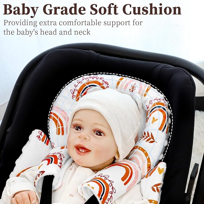 Pea Pod Infant Car Seat Insert with 3 Strap Covers, 3 in 1 Reversible Rainbow Baby Car Seat Head Support for Newborn, 3D Soft Minky Carseat Cushion for Preemie to Infant, Stroller, Swing, Bouncer-BubblyBeeBaby