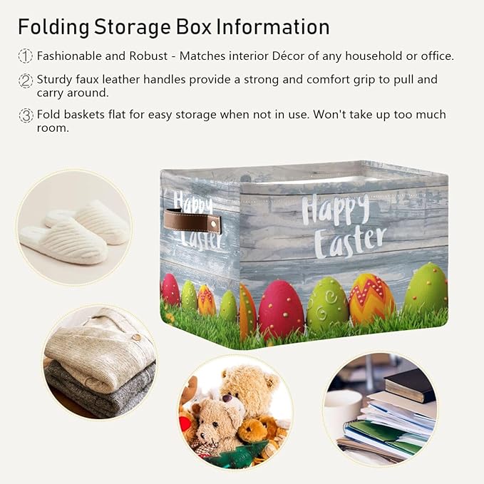 Happy Easter Eggs Storage Basket Cube Storage Bins Organizer Bag Collapsible Closet Shelf Baskets with handle for Baby Cloth Pet Toy Book 14.2×10.2×8.3 IN-BubblyBeeBaby