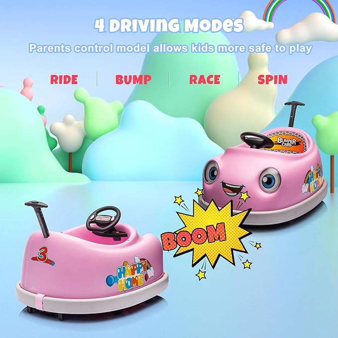 12V Dual Battery Electric Ride on Kids Bumper Car w/Remote Control,360 Degree Spin,Push Rod Rocker Horse Function,3-Speeds Babies & Toddlers Bumping Car Ride on Toy Gift for 1-4 Years Children (Pink)-BubblyBeeBaby
