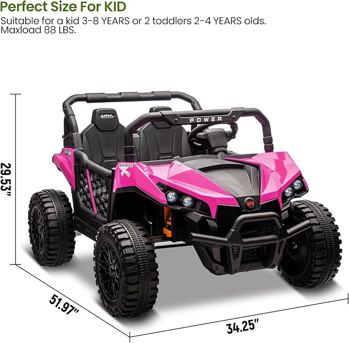 24V 2 Seater Ride On Car Truck, Power Wheels Kids UTV w/Parent Remote Control, 3.1 MPH Max Speed, Music Player, LED Lights & Storage, Electric Vehicle Ride On Toy for Kids Toddler Ages 3-8, Pink-BubblyBeeBaby
