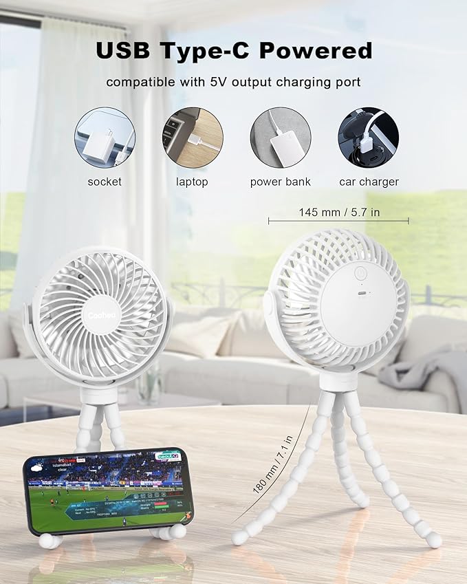 Stroller Fan Clip on for Baby, 4000mAh Rechargeable Battery Operated, Flexible Tripod, 3 Wind Speed, 360° Rotatable, Small Portable Fan for Car Seat Crib Golf Cart Bike Beach Travel, White-BubblyBeeBaby