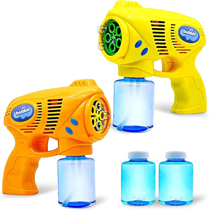 JOYIN 2 Bubble Guns with 2 Refill Solution (10 oz Total), Bubbles Maker, Blower for Kids, Toddlers, Outdoors Activity, Birthday Gift, Easter Basket Stuffers (Yellow+Orange)-BubblyBeeBaby