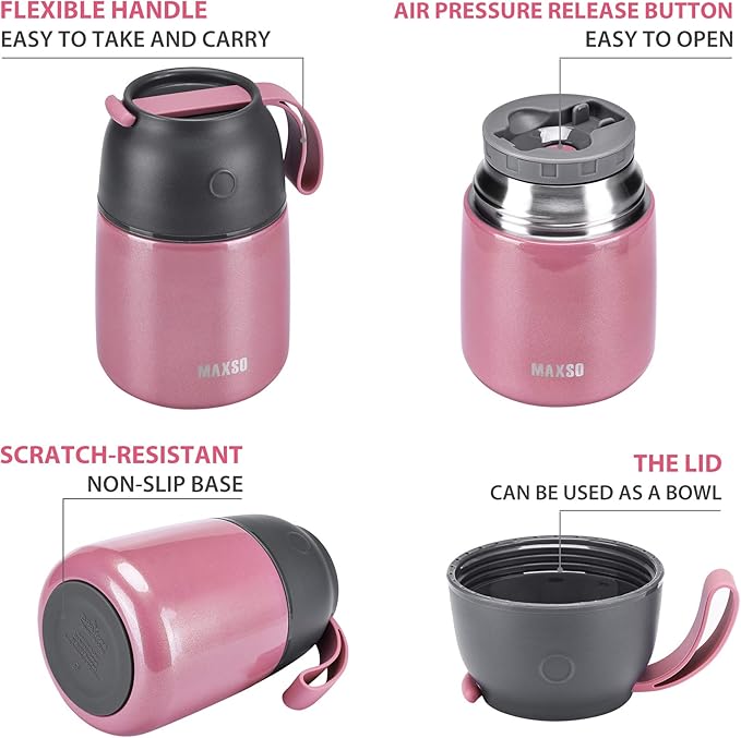 Insulated Food Jar for Hot & Cold Food for Kids Adult,17 oz Soup Thermo Hot Food Containers for Lunch, Triple Layer Insulation Stainless Steel Food Jar with Spoon (Pink)-BubblyBeeBaby