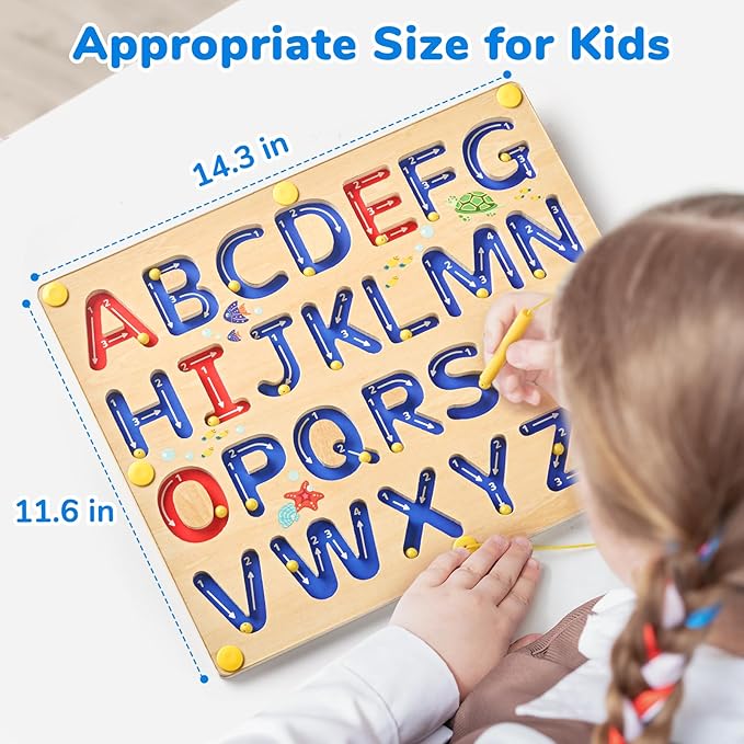 JoyCat Magnetic Letter Tracing Board, Wooden Alphabet Tracing Board for Toddlers ABC Magnets Letter Writing Practice, Magnetic Maze Preschool Learning Educational Toys for Kids 3-5-BubblyBeeBaby