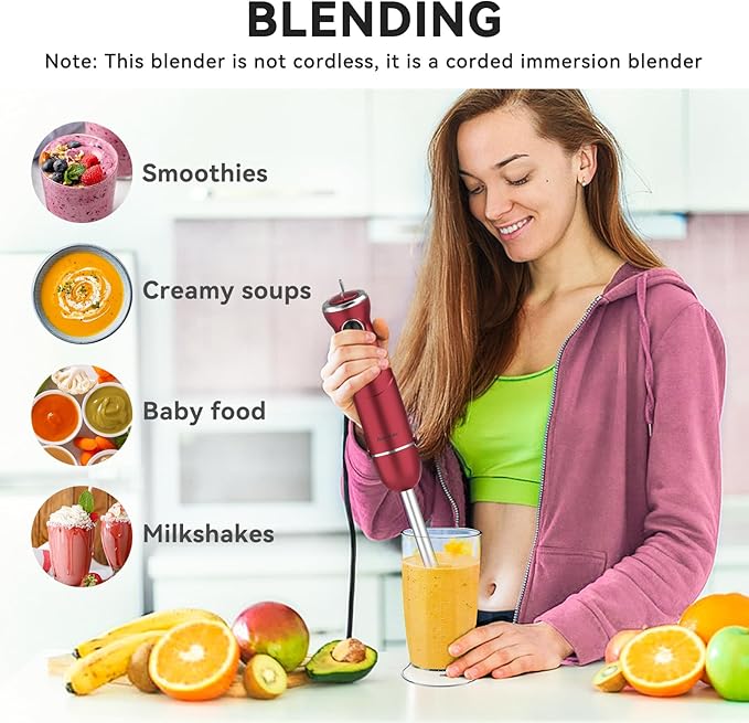 Immersion Blender 5 in 1 Hand Blender, Abuler 1000W Hand Mixer Stick,12 Speed Handheld Blender 304 Stainless Steel with 600ml Mixing Beaker, 500ml Chopper, Whisk and Milk Frother for Soup, Baby Food-BubblyBeeBaby