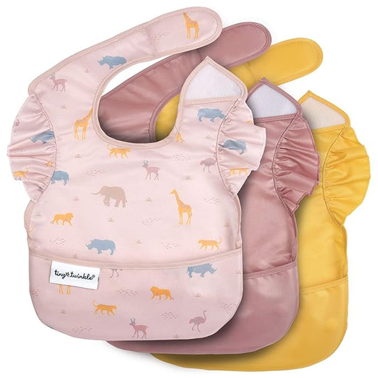 Tiny Twinkle Mess Proof Baby Bibs for Eating - Waterproof, Wipeable Bibs - Toddler Bibs - Travel Friendly - PFAS, PVC, BPA, Phthalate Free - Baby Food Bibs(3 Pack,Petite Safari)-BubblyBeeBaby