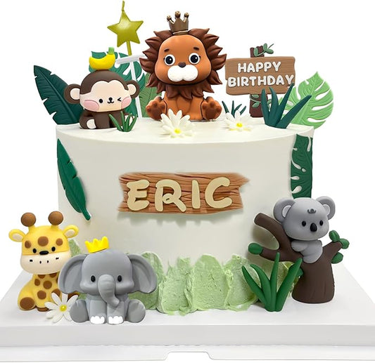 22PCS Safari Animal Cake Toppers & Wild One Birthday Decorations - Jungle Cake Topper with Leaves for Animal Themed Birthday Party Decorations, Safari Cake Decorations for Zoo Theme Cakes Accessories-BubblyBeeBaby