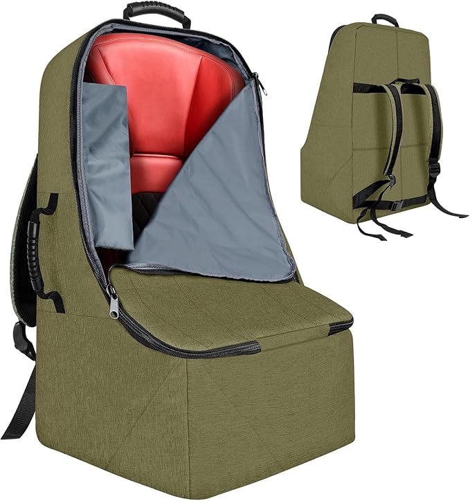 Padded Car Seat Travel Bag for Airplane, Heavy Duty Backpack for Air Travel, Water-Resistant Carrier with Shoulder Strap, Fits Most Car Seats (Green)-BubblyBeeBaby